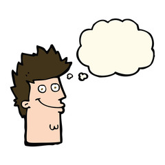 cartoon happy man face with thought bubble