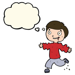 cartoon excited boy with thought bubble