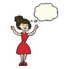cartoon woman with raised arms with thought bubble