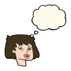 cartoon pretty female face with thought bubble