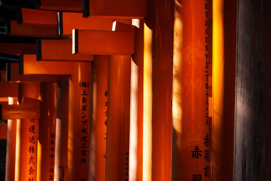 Close-up of Torii gates at Fushimi Inari Shrine in Kyoto, Japan.