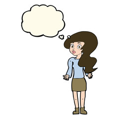cartoon woman shrugging shoulders with thought bubble