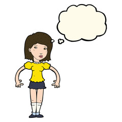 cartoon woman looking sideways with thought bubble