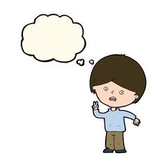 cartoon unhappy boy giving peace sign with thought bubble