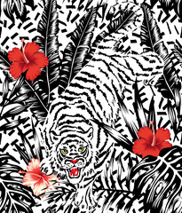 Crouching Tiger, hibiscus and tropical leaves pattern