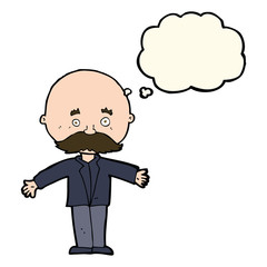 cartoon bald man with open arms with thought bubble