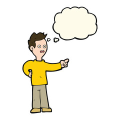 cartoon shocked boy pointing with thought bubble