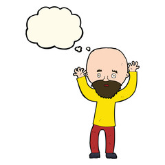 cartoon bearded man panicking with thought bubble