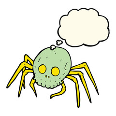 cartoon spooky halloween skull spider with thought bubble