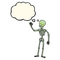 cartoon waving skeleton with thought bubble