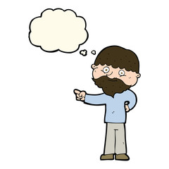 cartoon bearded man pointing with thought bubble