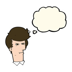 cartoon man narrowing eyes with thought bubble