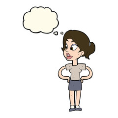 cartoon woman with hands on hips with thought bubble