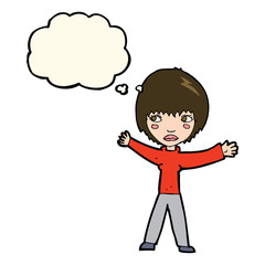 cartoon waving woman with thought bubble