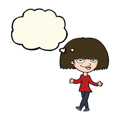 cartoon smug looking woman with thought bubble