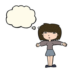 cartoon woman shrugging shoulders with thought bubble