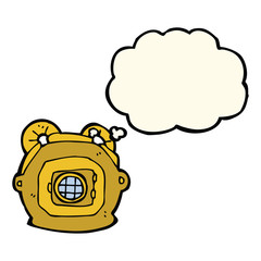 cartoon old deep sea diver helmet with thought bubble