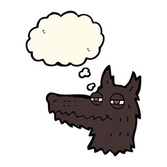 cartoon smug wolf face with thought bubble