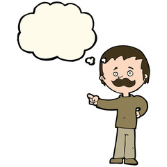 cartoon man with mustache pointing with thought bubble