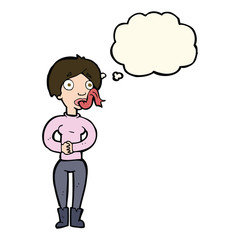 cartoon woman with snake tongue with thought bubble