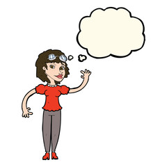 cartoon pilot woman waving with thought bubble