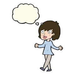 cartoon woman with open arms with thought bubble