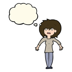 cartoon woman shrugging shoulders with thought bubble