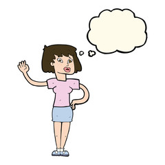 cartoon woman waving with thought bubble