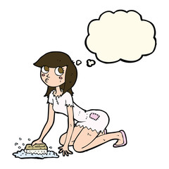 cartoon cinderella scrubbing floors with thought bubble