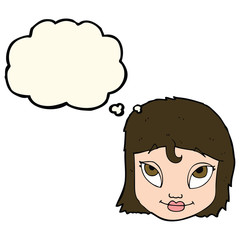 cartoon woman smiling with thought bubble