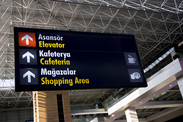 airport sign of cafeteria, elevator, shopping