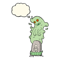 cartoon ghost rising from grave with thought bubble