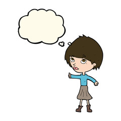 cartoon woman giving thumbs up symbol with thought bubble