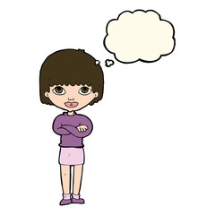 cartoon woman with folded arms with thought bubble