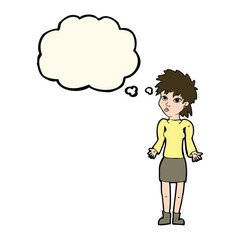 cartoon woman shrugging shoulders with thought bubble