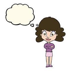 cartoon happy woman with folded arms with thought bubble