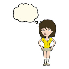 cartoon woman with hands on hips with thought bubble