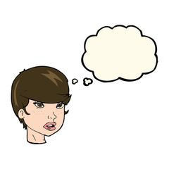 cartoon pretty female face with thought bubble