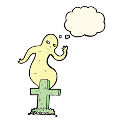 cartoon ghost rising from grave with thought bubble