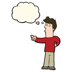 cartoon curious man pointing with thought bubble