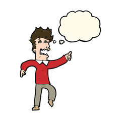 cartoon frightened man pointing with thought bubble
