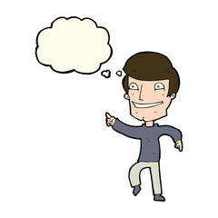 cartoon happy man pointing with thought bubble