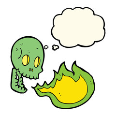 cartoon fire breathing skull with thought bubble