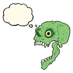 cartoon scary skull with thought bubble