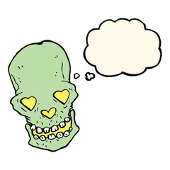 cartoon skull with love heart eyes with thought bubble