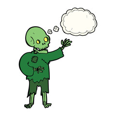 cartoon skeleton waving with thought bubble