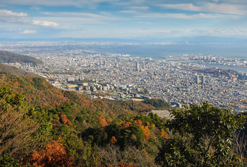 View of several Japanese cities in the Kansai region from Mt. Maya