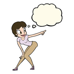 cartoon pretty woman pointing with thought bubble
