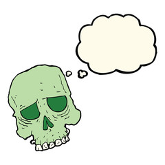 cartoon spooky skull with thought bubble