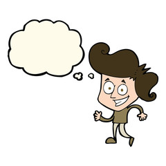 cartoon grinning man with thought bubble